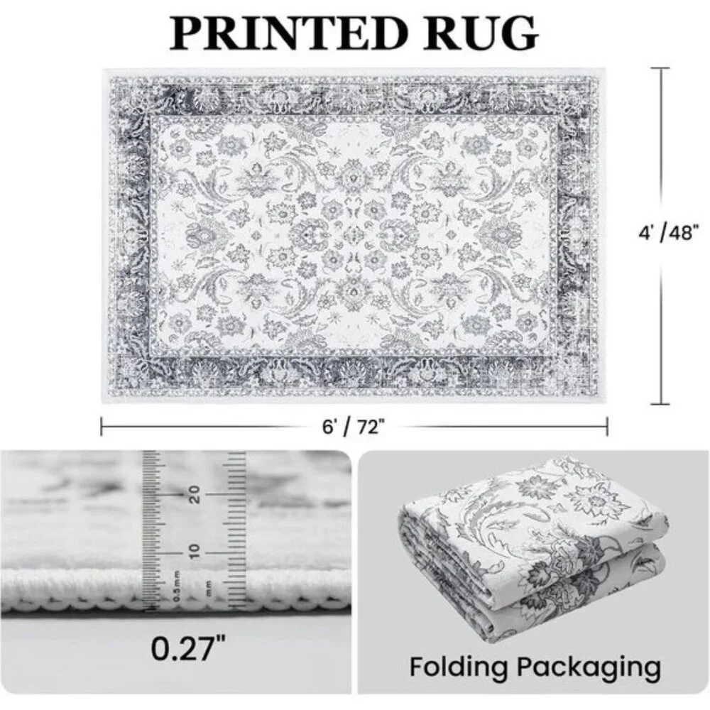 New 4x6 Grey Washable Area Rug, Non-Slip Low Pile Vintage Carpet for Home & Room